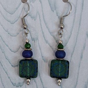 Silver, green & blue dangle earrings.